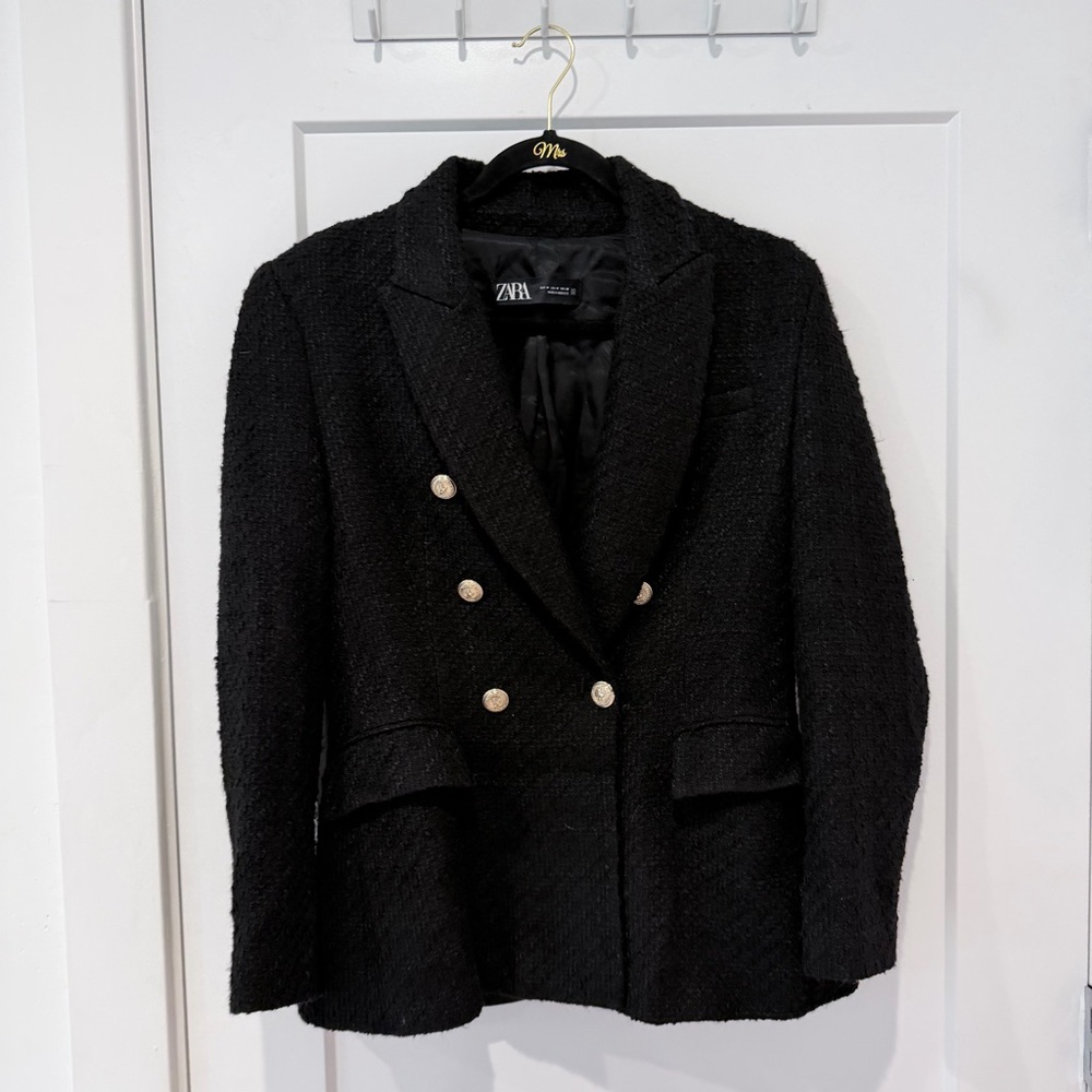 Zara Women's Textured Black Blazer with Gold Buttons